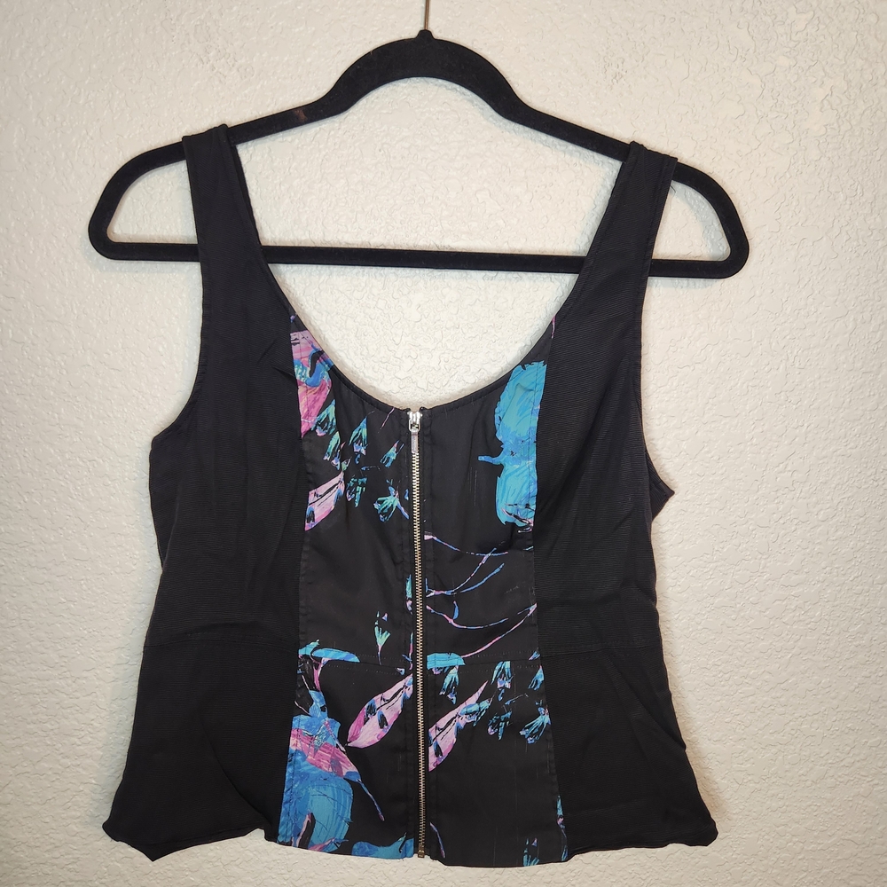 BeBe black corset  top full front zipper floral tank top blouse size L y2k 90s